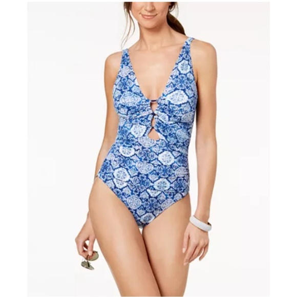 Lauren Ralph Lauren Agean Blue Tile Cutout Swimsuit Ruching Flattering Tummy 10 - Picture 2 of 10